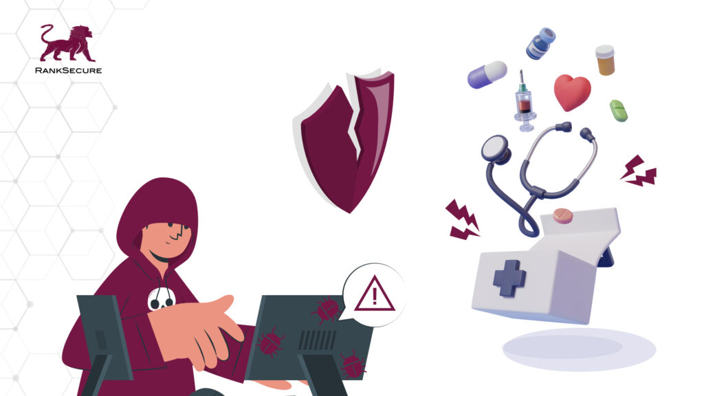 Graphic cover image describing cybersecurity and cyber threats in the healthcare sector.